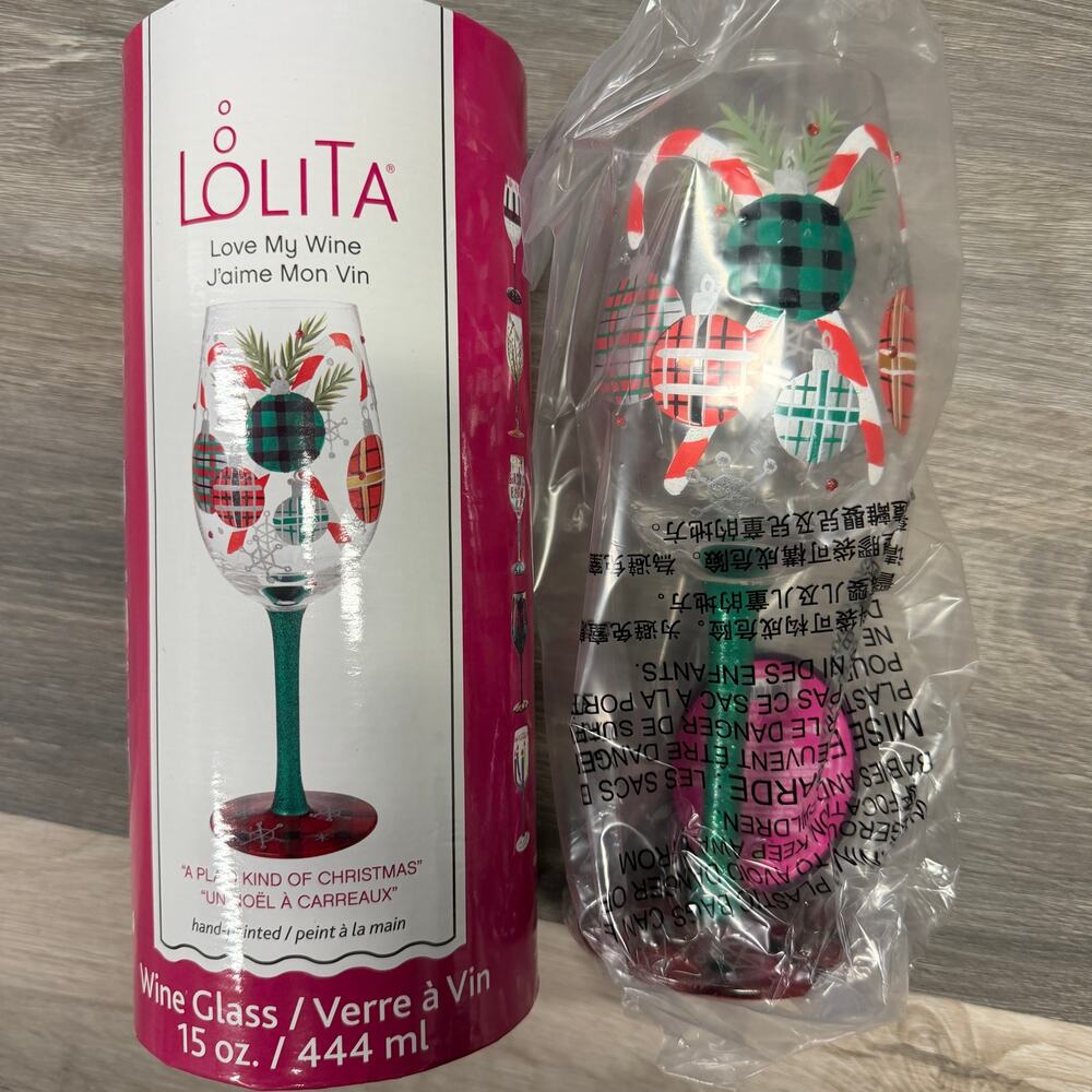 NEW, Lolita Love My Wine, A PLAID KIND OF CHRISTMAS, Hand Painted, Wine Glass